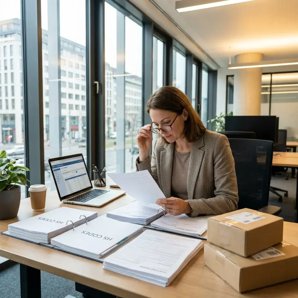 Customs specialist reviewing documents at a desk with HS code binders, a laptop and shipping parcels.